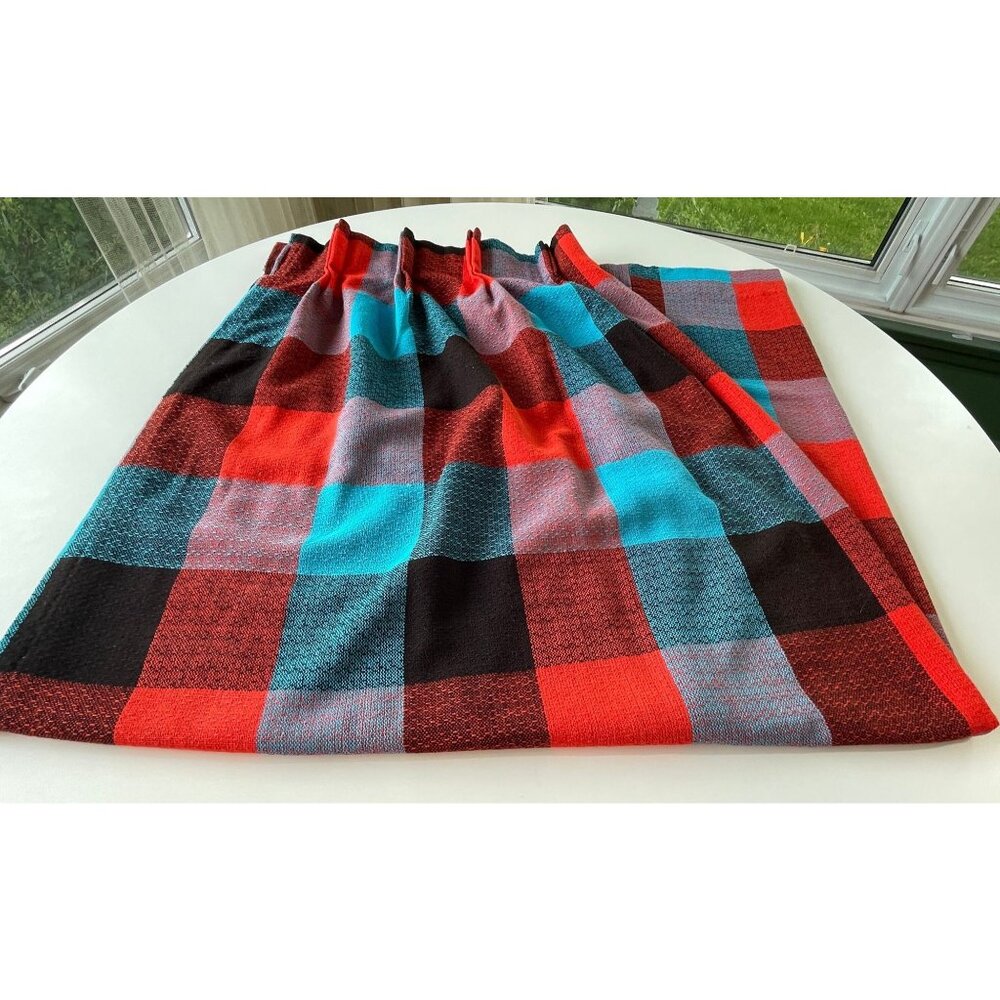 Vintage 80s curtain, bold colors, blue, red, black plaid, single pleated panel